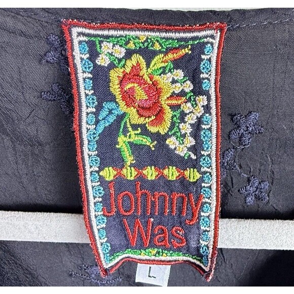 Johnny Was Blouse Top Floral Embroidered Boho Tie Crochet Black Large **READ** - Picture 3 of 6